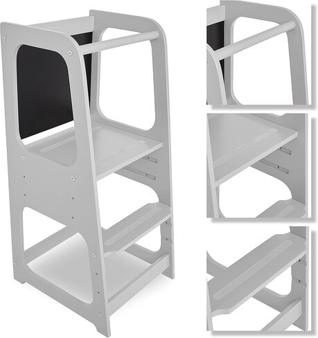 Explora Tower & Step Stool in Black, Anti-Slip Base, Multipurpose Kids Step Stool, 3 Platform Heights, Chalkable Black Board in Kuwait