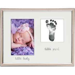 MIMOSA MOMENTS Baby Handprint and Footprint Brass-tone Plating Metal Photo Frame with Colored Enamel and Clean-Touch Ink Pad included, Baby Keepsake and Décor (Doule Openings, Brass & Teal)