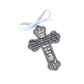 Bless The Child - GUARDIAN ANGEL Baby BOY Crib Cross PEWTER Medal/CHRISTENING/BABY SHOWER Keepsake/Baptism KEEPSAKE/with BLUE RIBBON in Kuwait