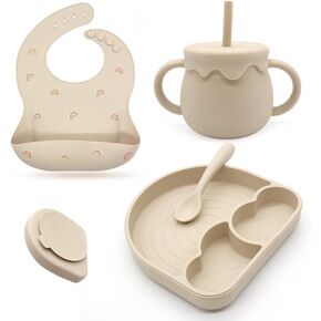 مجموعة تغذية الطفل طبق مقسم مع شفط، مريلة سيليكون، كوب سيبي لتدريب الأطفال الصغار مع شفاطة، ملعقة فطام LED للأطفال in Kuwait