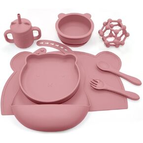 مجموعة تغذية الأطفال المصنوعة من السيليكون - وعاء شفط للأطفال الصغار، مريلة، كوب سيبي، ملاعق، شوك، مفارش ألعاب التسنين - مجموعة أطباق التغذية الذاتية للأطفال من عمر 6 أشهر فما فوق - مستلزمات فطام الأطفال - ألوان جزئية in Kuwait