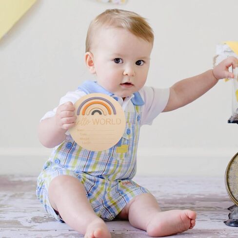 Toddmomy 1pcs Baby Announcement Sign for Newborn Boys and Girls,Wood Rainbow Birth Announcement Sign Card World Nursery Decor Sign & Photo Prop for Babies in Kuwait