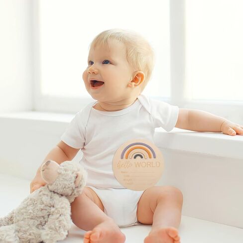 Toddmomy 1pcs Baby Announcement Sign for Newborn Boys and Girls,Wood Rainbow Birth Announcement Sign Card World Nursery Decor Sign & Photo Prop for Babies in Kuwait