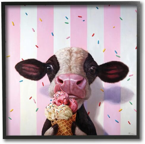 Stupell Industries Cute Baby Cow with Ice Cream Cone Pink Stripes, Designed by Lucia Heffernan Black Framed Wall Art, 12 x 12, Brown in Saudi Arabia