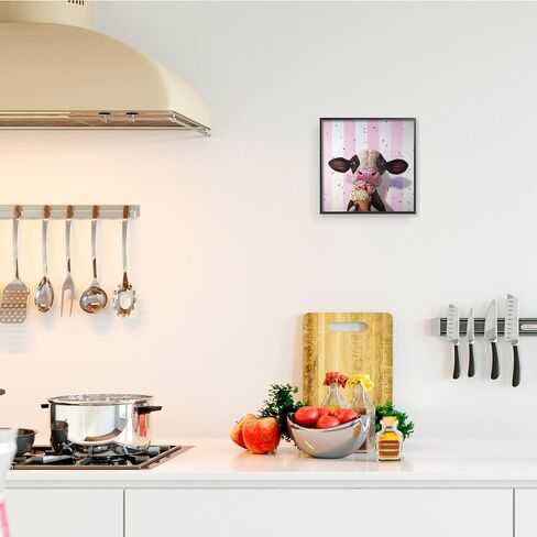 Stupell Industries Cute Baby Cow with Ice Cream Cone Pink Stripes, Designed by Lucia Heffernan Black Framed Wall Art, 12 x 12, Brown in Saudi Arabia
