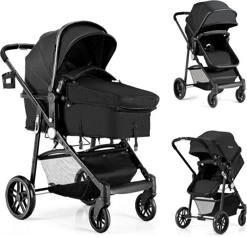 BABY JOY Baby Stroller, 2 in 1 Convertible Carriage Bassinet to Stroller, Pushchair with Foot Cover, Cup Holder, Large Storage Space, Wheels Suspension, 5-Point Harness (Pink) in Kuwait