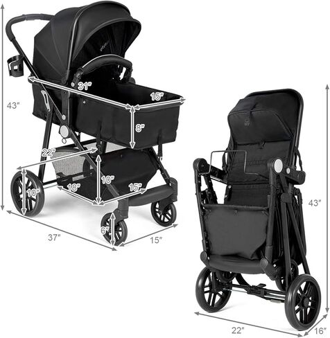 BABY JOY Baby Stroller, 2 in 1 Convertible Carriage Bassinet to Stroller, Pushchair with Foot Cover, Cup Holder, Large Storage Space, Wheels Suspension, 5-Point Harness (Pink) in Kuwait