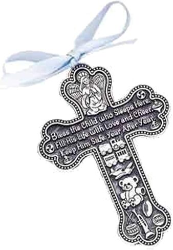 Bless The Child - GUARDIAN ANGEL Baby BOY Crib Cross PEWTER Medal/CHRISTENING/BABY SHOWER Keepsake/Baptism KEEPSAKE/with BLUE RIBBON in Kuwait