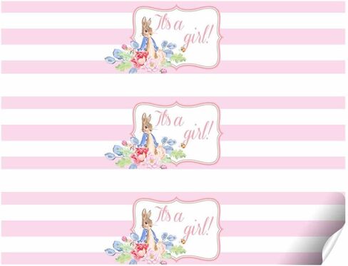 Little Rabbit It's a Girl Baby Shower Waterproof Water Bottle Sticker Wrappers 20 Wrap Around Labels Sized 1.75" x 8.5" by AmandaCreation in Saudi Arabia