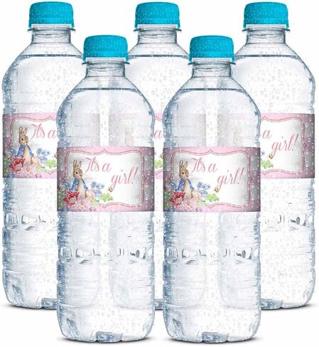 Little Rabbit It's a Girl Baby Shower Waterproof Water Bottle Sticker Wrappers 20 Wrap Around Labels Sized 1.75" x 8.5" by AmandaCreation in Saudi Arabia