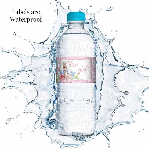 Little Rabbit It's a Girl Baby Shower Waterproof Water Bottle Sticker Wrappers 20 Wrap Around Labels Sized 1.75" x 8.5" by AmandaCreation in Saudi Arabia