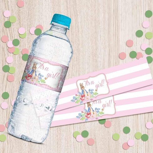 Little Rabbit It's a Girl Baby Shower Waterproof Water Bottle Sticker Wrappers 20 Wrap Around Labels Sized 1.75" x 8.5" by AmandaCreation in Saudi Arabia