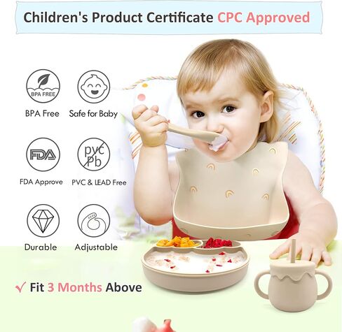 مجموعة تغذية الطفل طبق مقسم مع شفط، مريلة سيليكون، كوب سيبي لتدريب الأطفال الصغار مع شفاطة، ملعقة فطام LED للأطفال in Kuwait