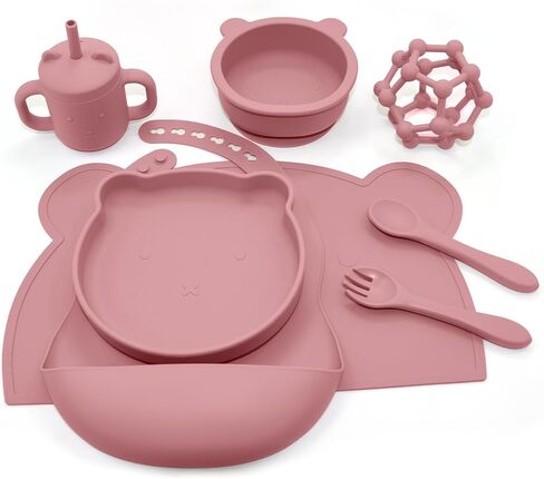 مجموعة تغذية الأطفال المصنوعة من السيليكون - وعاء شفط للأطفال الصغار، مريلة، كوب سيبي، ملاعق، شوك، مفارش ألعاب التسنين - مجموعة أطباق التغذية الذاتية للأطفال من عمر 6 أشهر فما فوق - مستلزمات فطام الأطفال - ألوان جزئية in Kuwait