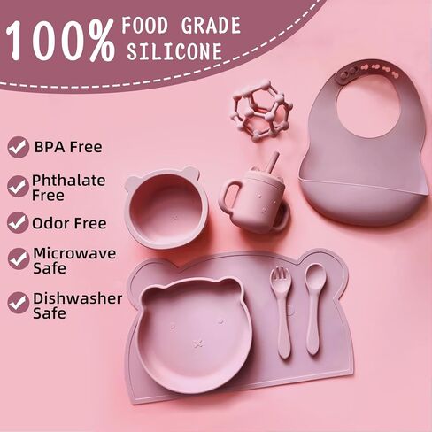 مجموعة تغذية الأطفال المصنوعة من السيليكون - وعاء شفط للأطفال الصغار، مريلة، كوب سيبي، ملاعق، شوك، مفارش ألعاب التسنين - مجموعة أطباق التغذية الذاتية للأطفال من عمر 6 أشهر فما فوق - مستلزمات فطام الأطفال - ألوان جزئية in Kuwait