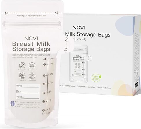 NCVI Breastmilk Storage Bags, 25 Count Milk Storage Bags for Breastfeeding, 7oz Breast Milk Storage Bags with Temp-Sensing, Doubled-Sealed, Hygienically, Self Standing, Easy Pour Spout, BPA Free in Kuwait