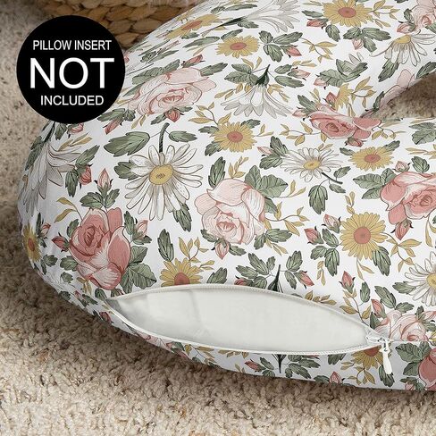 Sweet Jojo Designs Vintage Floral Boho Nursing Pillow Cover Breastfeeding Pillowcase for Newborn Infant Bottle Breast Feeding Pillow NOT Included Blush Pink Yellow Green Bohemian Shabby Chic Farmhouse in Kuwait
