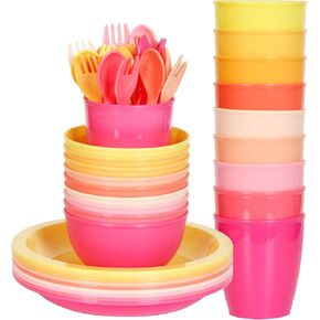 Youngever 54 pcs Plastic Kids Dinnerware Set of 9 in 9 Peach Colors, Toddler Dining Set, Cups, Kids Plates, Kids Bowls, Flatware Set, Kids Dishes Set in Kuwait