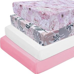 4 Pack Heavenly Soft Crib Sheets for Baby Girls, 28'' X 52'' Fitted Crib Sheets for Crib and Toddler Mattress Pad, Silk Touch Gentle Breathable Microfiber, Floral & Leaf