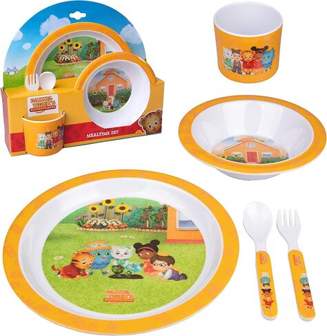 Daniel Tiger 5 Pc Mealtime Feeding Set for Kids and Toddlers - Includes Plate, Bowl, Cup, Fork and Spoon Utensil Flatware - Durable, Dishwasher Safe, BPA Free (Yellow) in Kuwait