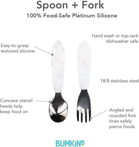 Bumkins Toddler Utensils, Kids Fork and Spoon Set, Silicone and Stainless-Steel Silverware, Angled Forks/Sporks for Self-Feeding, Childrens Training Flatware Cutlery in Saudi Arabia
