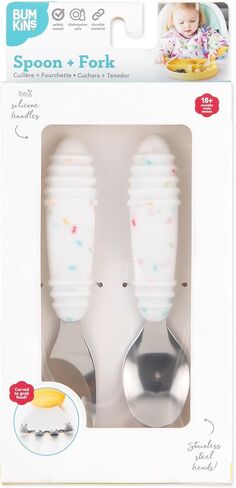 Bumkins Toddler Utensils, Kids Fork and Spoon Set, Silicone and Stainless-Steel Silverware, Angled Forks/Sporks for Self-Feeding, Childrens Training Flatware Cutlery in Saudi Arabia