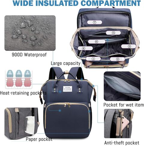 حقيبة ظهر للحفاضات من ساليفا مع محطة تغيير، حقائب حفاضات أطفال قابلة للطي بسعة كبيرة ومنفذ شحن USB مقاوم للماء، حقيبة مومياء للأطفال الأولاد والبنات، أزرق in Kuwait