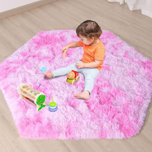 ST. BRIDGE Soft Fluffy Hexagon Rugs for Princess Tent Kids Play Castle, Cute Pink Washable Rug for Baby Nursery Kids Room Decor, Non-Slip Shag Carpet for Girls Bedroom Playroom,Diameter 4.6 ft in Saudi Arabia