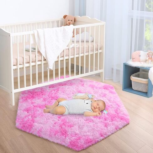 ST. BRIDGE Soft Fluffy Hexagon Rugs for Princess Tent Kids Play Castle, Cute Pink Washable Rug for Baby Nursery Kids Room Decor, Non-Slip Shag Carpet for Girls Bedroom Playroom,Diameter 4.6 ft in Saudi Arabia