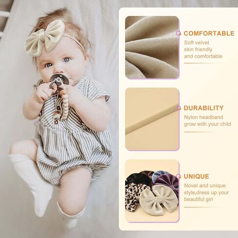 Velvet Baby Bows Headbands Solid Elastic Baby Girl Hair Bows Handmade Newborn Hair Band Bows Infant Toddlers Kids Hair Accessories 3 Pcs Beige Khaki Black in Saudi Arabia