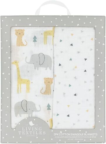 Living Textiles 100% Cotton Muslin 2-pack swaddle blankets - Animal Parade | Ultra Soft, Lightweight, and Versatile Swaddle and Receiving Blanket | Baby Essentials | Baby Gift Ideas in Kuwait