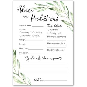 GREENERY Prediction and Advice Cards - Pack of 25 - GENDER NEUTRAL Baby Shower Games, New Parents Mom & Dad to be Mommy & Daddy Message, Rustic Floral Green Olive Branch Couples Coed Shower Activity Keepsake Book G320-PDAV in Kuwait