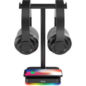 KAFRI RGB Headphone Stand with Wireless Charger Desk Gaming Headset Holder Hanger Rack with 10W/7.5W Fast Charge QI Wireless Charging Pad - Suitable for Gamer Desktop Table Game Earphone Accessories in Saudi Arabia