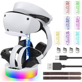 محطة شحن HuiJuKeJi لشحن PS VR2 السريع مع إضاءة ملونة، قاعدة شحن عمودية تدعم سماعة رأس Playstation VR2 وملحقات وحدة التحكم مع 4 محولات مغناطيسية من النوع C in Kuwait