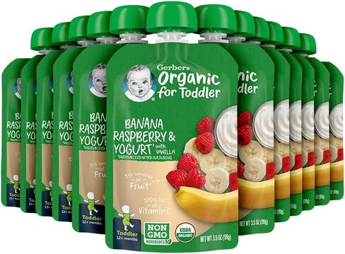 Gerber Toddler Food, Organic Banana Raspberry Yogurt with Vanilla Puree Pouch, Toddler Pouches, No Added Sweetener, No Artificial Colors or Flavors, 12-Pack in Saudi Arabia