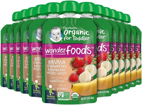 Gerber Toddler Food, Organic Banana Raspberry Yogurt with Vanilla Puree Pouch, Toddler Pouches, No Added Sweetener, No Artificial Colors or Flavors, 12-Pack in Saudi Arabia