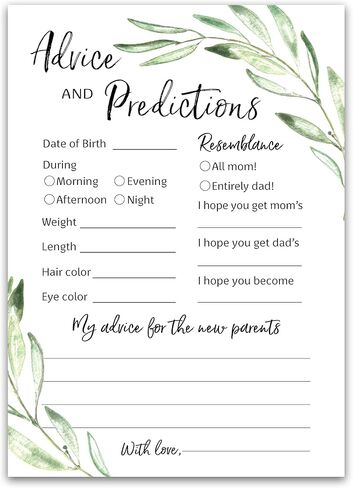 GREENERY Prediction and Advice Cards - Pack of 25 - GENDER NEUTRAL Baby Shower Games, New Parents Mom & Dad to be Mommy & Daddy Message, Rustic Floral Green Olive Branch Couples Coed Shower Activity Keepsake Book G320-PDAV in Saudi Arabia