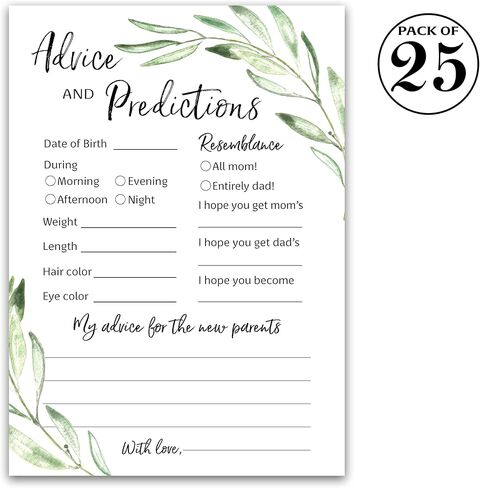 GREENERY Prediction and Advice Cards - Pack of 25 - GENDER NEUTRAL Baby Shower Games, New Parents Mom & Dad to be Mommy & Daddy Message, Rustic Floral Green Olive Branch Couples Coed Shower Activity Keepsake Book G320-PDAV in Saudi Arabia