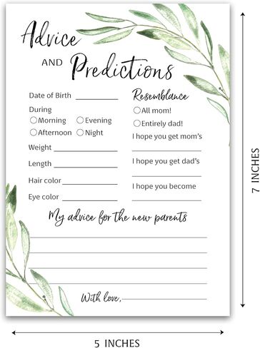 GREENERY Prediction and Advice Cards - Pack of 25 - GENDER NEUTRAL Baby Shower Games, New Parents Mom & Dad to be Mommy & Daddy Message, Rustic Floral Green Olive Branch Couples Coed Shower Activity Keepsake Book G320-PDAV in Saudi Arabia