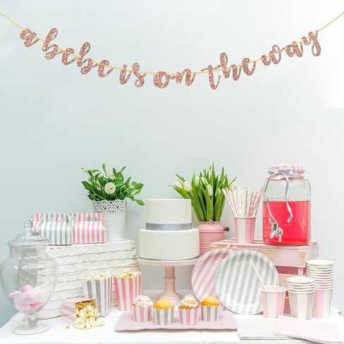 Halodete A Bebe is on the Way Banner, Pregnancy Announcement, Baby Shower, French Welcome Baby Party Decorations Rose Gold Glitter in Kuwait