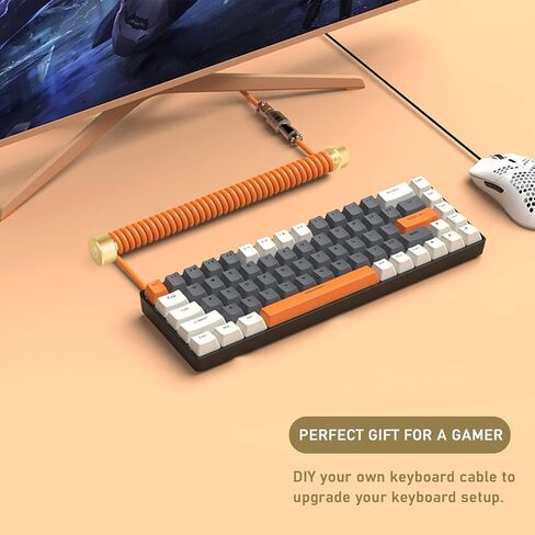 C04 2 in 1 Custom Coiled USB C Cable for Gaming Keyboard-Detachable Double Sleeve Spiral Cable with 5 Pin Aviator Connector for PS4,Xbox-USB A To Type C&Type C To Type C(1.62+3.28inch)-Orange in Kuwait