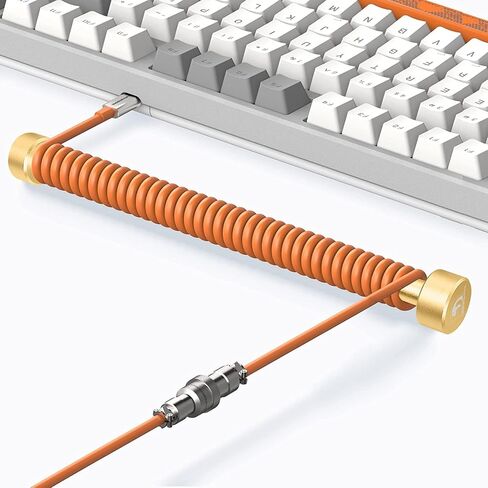 C04 2 in 1 Custom Coiled USB C Cable for Gaming Keyboard-Detachable Double Sleeve Spiral Cable with 5 Pin Aviator Connector for PS4,Xbox-USB A To Type C&Type C To Type C(1.62+3.28inch)-Orange in Kuwait