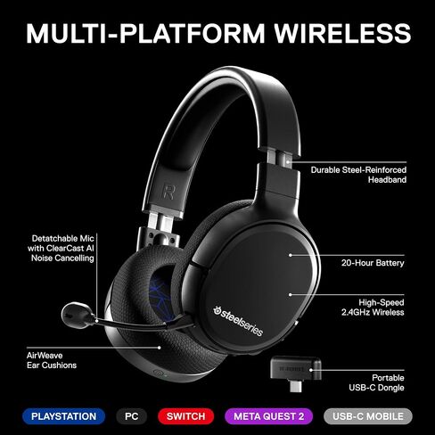 سماعة الألعاب اللاسلكية SteelSeries Arctis 1 - USB-C - ميكروفون Clearcast قابل للفصل - للكمبيوتر الشخصي، PS4، Nintendo Switch وLite، Android - أسود in Saudi Arabia