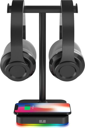 KAFRI RGB Headphone Stand with Wireless Charger Desk Gaming Headset Holder Hanger Rack with 10W/7.5W Fast Charge QI Wireless Charging Pad - Suitable for Gamer Desktop Table Game Earphone Accessories in Kuwait