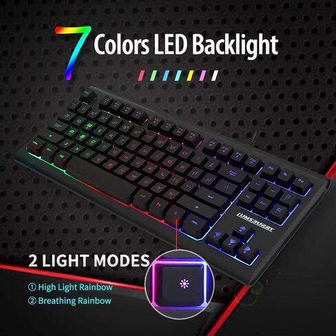 لامزبيري كيبورد العاب باضاءة خلفية LED بالوان قوس قزح، 87 مفتاح، كيبورد مدمجة مع 12 مفتاح اختصار للوسائط المتعددة، كيبورد سلكية بمنفذ USB لالعاب الكمبيوتر والمكتب in Saudi Arabia