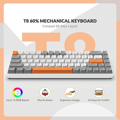 ZIYOU LANG RK-T8 Wired 65% Mechanical Gaming Keyboard with RGB LED Backlit Anti-ghosting TKL Mini 68 Key Custom Coiled C to A Cable Tactile Blue Switch for PS4 PS5 Xbox PC Mac Gamer(Dark Gray/White) in Saudi Arabia