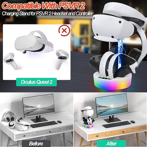 محطة شحن HuiJuKeJi لشحن PS VR2 السريع مع إضاءة ملونة، قاعدة شحن عمودية تدعم سماعة رأس Playstation VR2 وملحقات وحدة التحكم مع 4 محولات مغناطيسية من النوع C in Kuwait