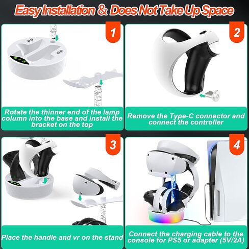 محطة شحن HuiJuKeJi لشحن PS VR2 السريع مع إضاءة ملونة، قاعدة شحن عمودية تدعم سماعة رأس Playstation VR2 وملحقات وحدة التحكم مع 4 محولات مغناطيسية من النوع C in Kuwait