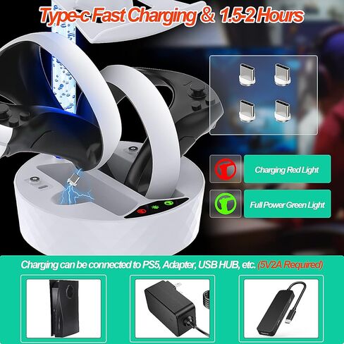 محطة شحن HuiJuKeJi لشحن PS VR2 السريع مع إضاءة ملونة، قاعدة شحن عمودية تدعم سماعة رأس Playstation VR2 وملحقات وحدة التحكم مع 4 محولات مغناطيسية من النوع C in Kuwait