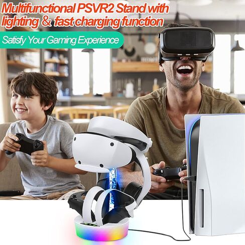 محطة شحن HuiJuKeJi لشحن PS VR2 السريع مع إضاءة ملونة، قاعدة شحن عمودية تدعم سماعة رأس Playstation VR2 وملحقات وحدة التحكم مع 4 محولات مغناطيسية من النوع C in Kuwait